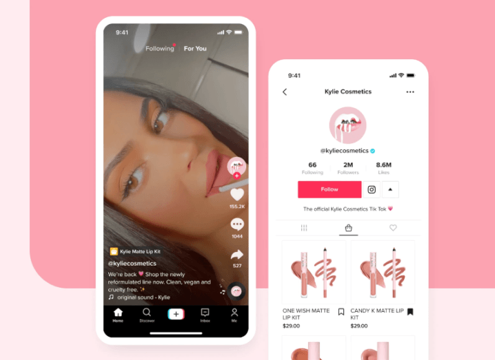 Screenshots of TikTok showing Kylie Cosmetics’ videos and an in-app Shopify storefront.