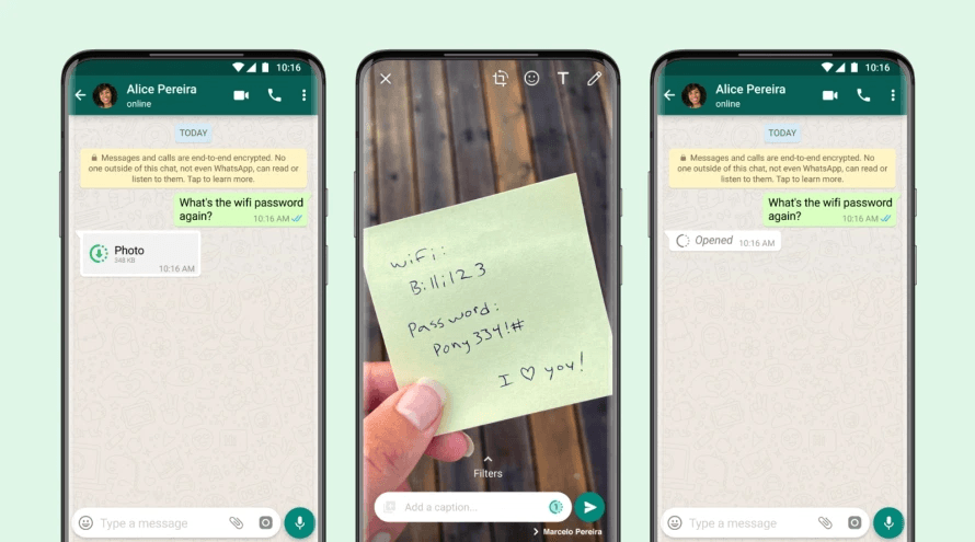 A series of screenshots demonstrating use of WhatsApp's View Once feature.