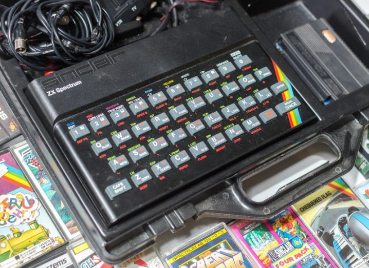 The keyboard of the ZX Spectrum, a small black box with a rainbow design on the side.