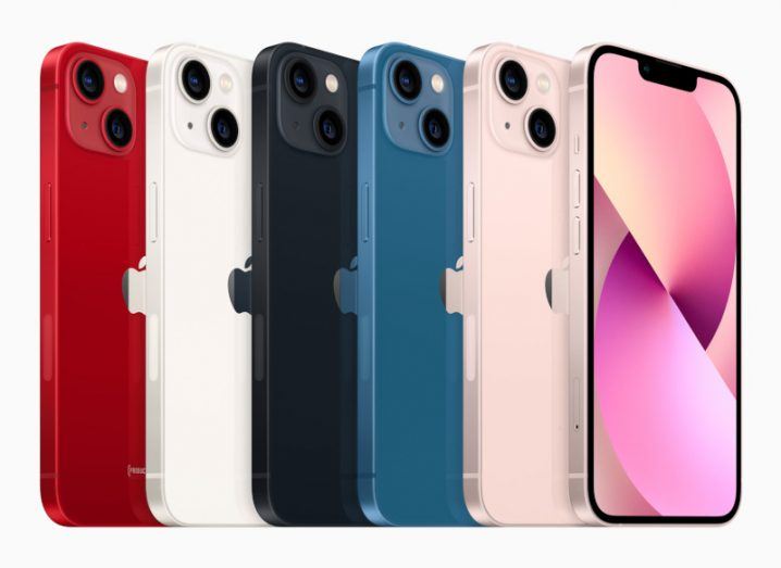 The iPhone 13 range, showing five different coloured phones.