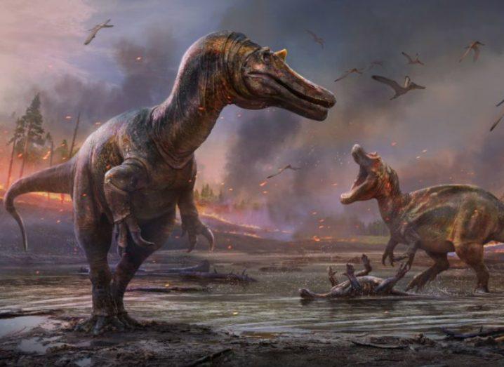 Artistic impression of two dinosaurs preying close to the shore.