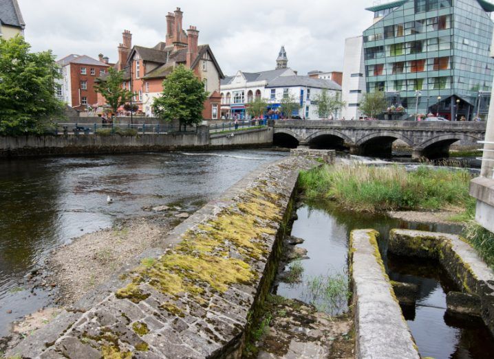 Picture showing Sligo city with buildings and the Garavogue river which runs through the centre.