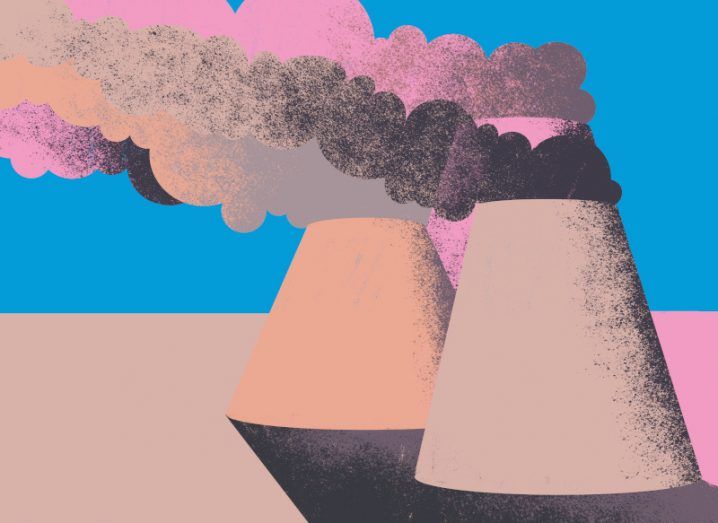 A colourful graphic of smoke billowing from towers, which is a contributor to the climate crisis.