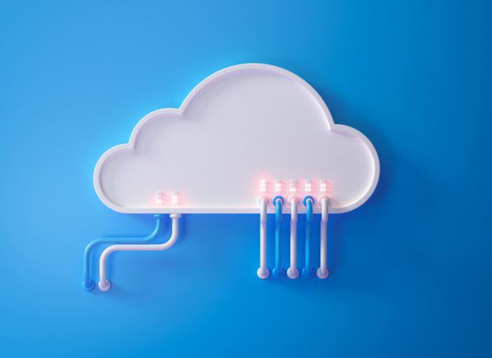 A white cloud against a blue background. There are several blue and pink wires plugged into the bottom of the cloud with lights above each one, symbolising cloud-first strategies.