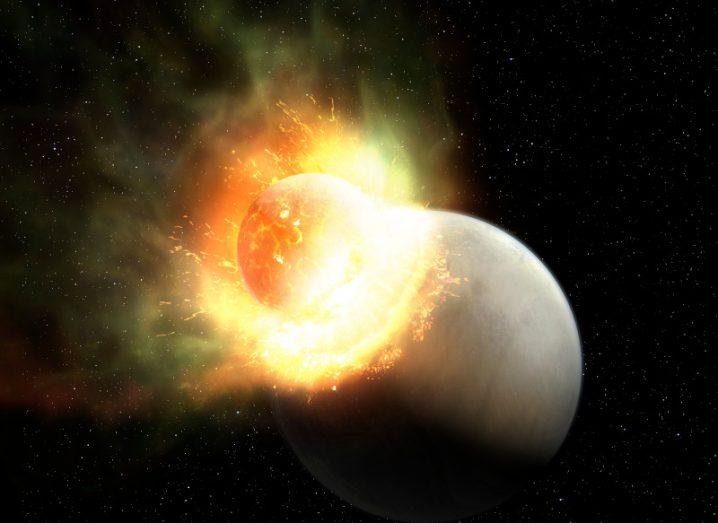 Artist's impression of a collision between two planets in space. Yellow fire and gas are released as a result of the collision.
