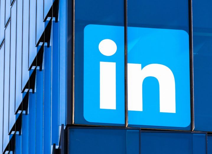 LinkedIn logo on its San Francisco office building made of blue glass.