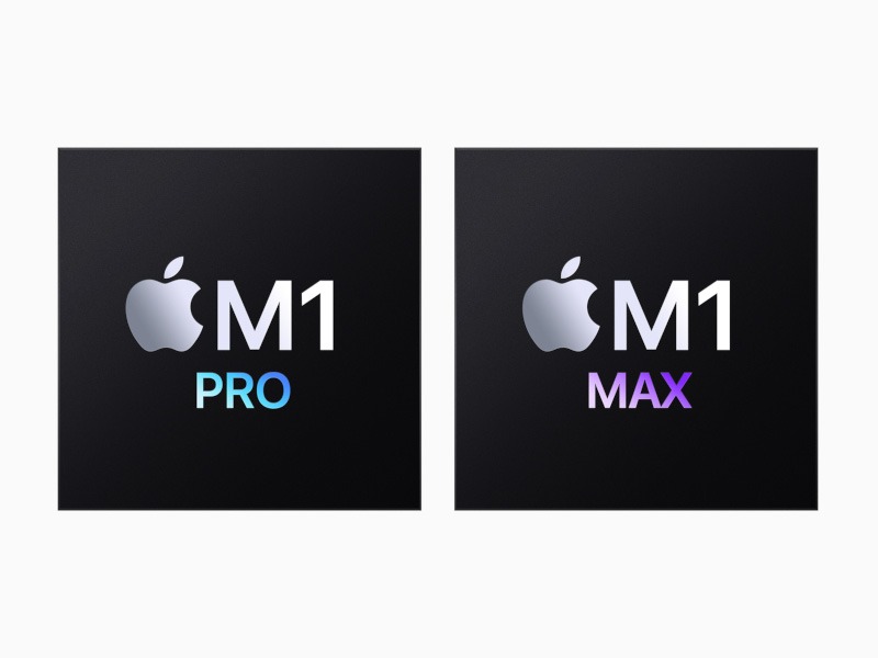 Two black squares with Apple logos in them. One reads M1 Pro and the other reads M1 Max.