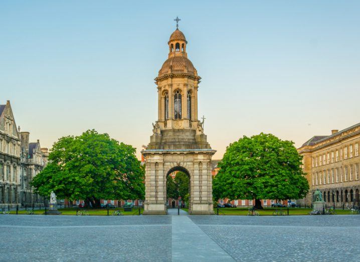 The Campanile inside of Trinity College Dublin campus with a leafy tree either side against a blue sky.