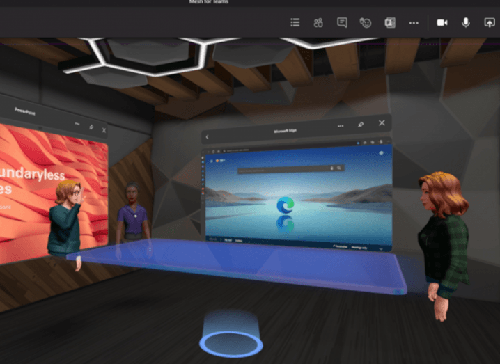 A graphic of a virtual workspace in Mesh for Teams, showing two avatars of colleagues.