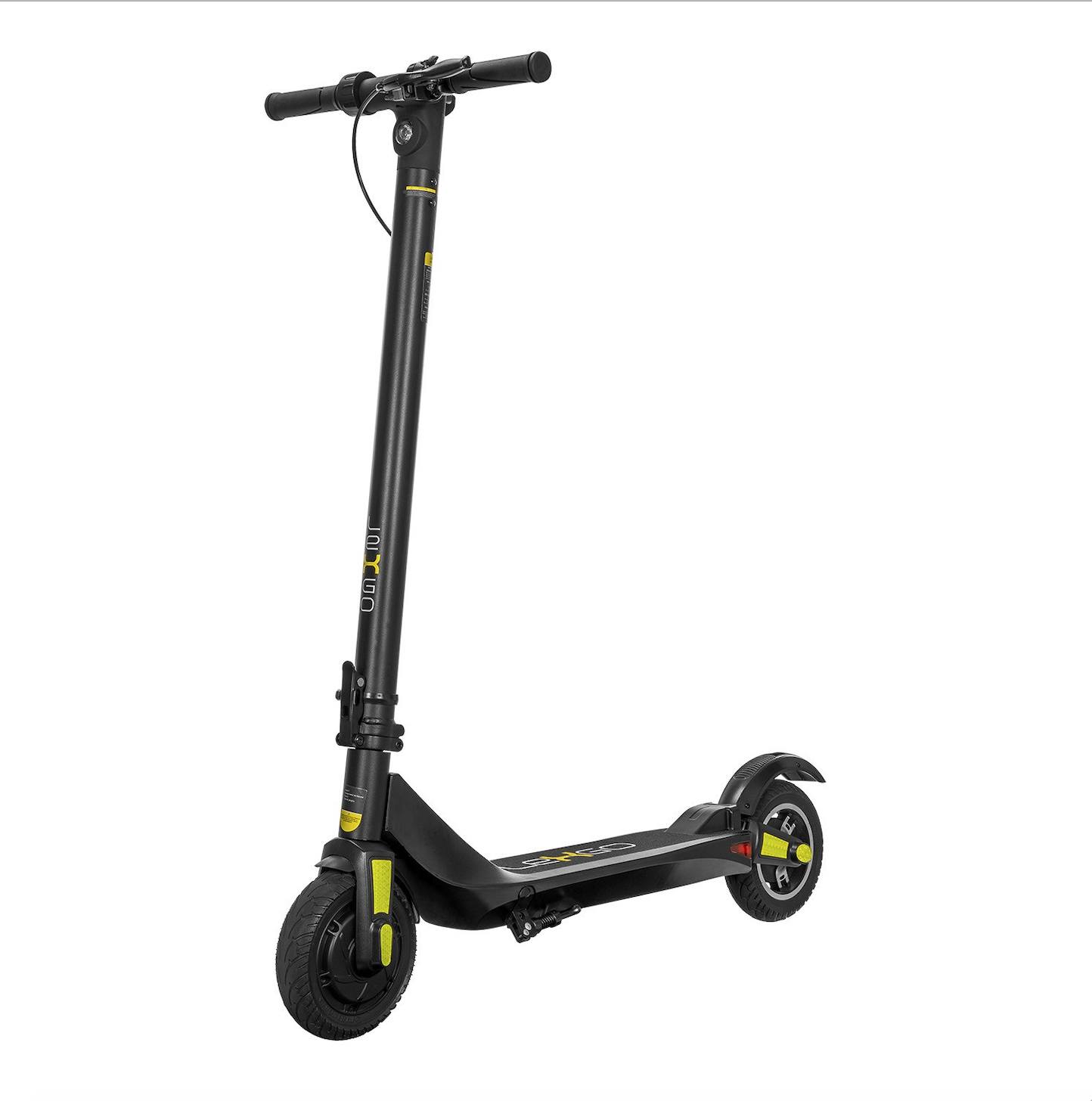 A black e-scooter against a white background.