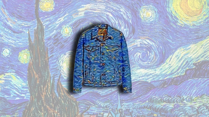 A design of a Levi's trucker jacket with van Gogh's Starry Night imprinted on it. A faded image of Starry Night is in the background.