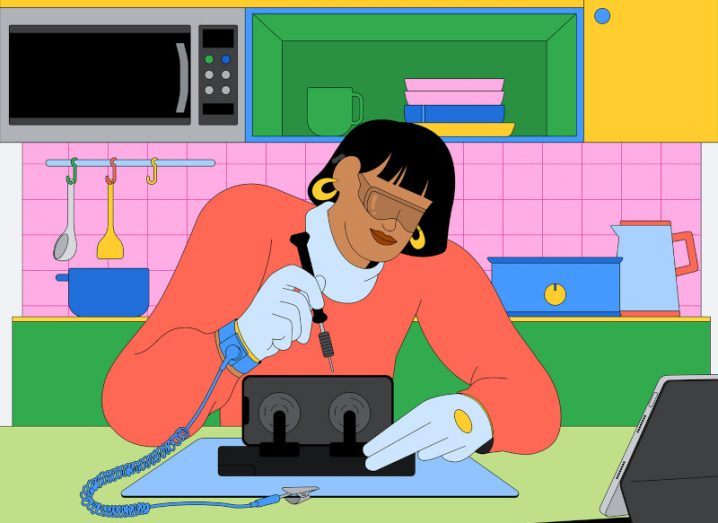 Colourful illustration of a person repairing an Apple iPhone at a kitchen table. iPad placed in front of the person.