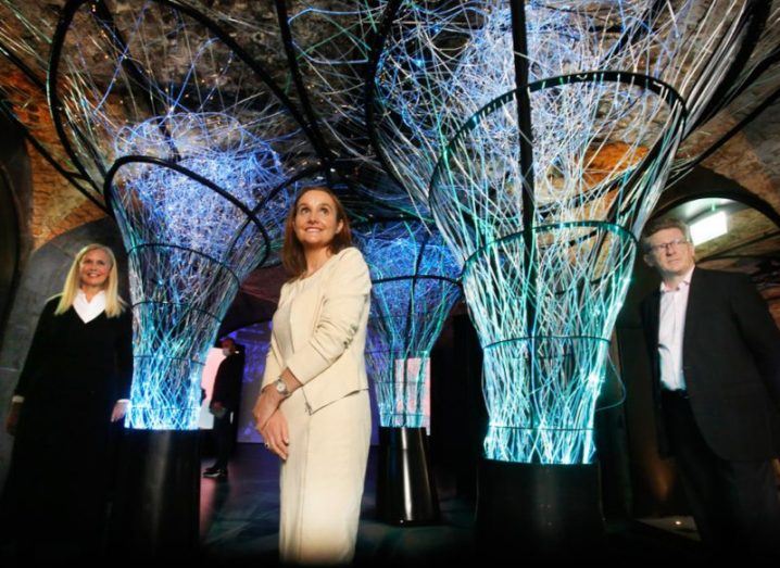 Martina Fitzgerald, Anne Sheehan and Brian Caulfield standing in a row amid two glowing structures that are meant to look like the neural networks in our brain.