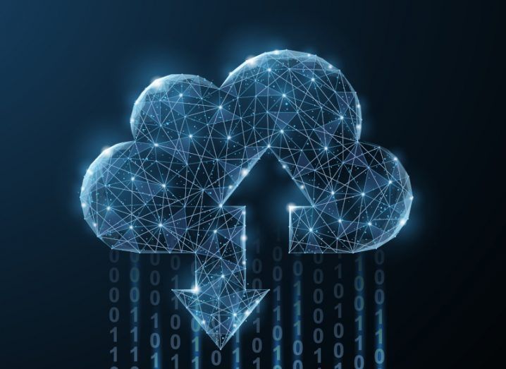 Digital cloud with an up and down arrow horizontal to each other, with binary code falling from the cloud with a dark background.