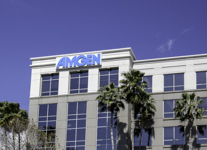 Blue and white building in Tampa, Florida with Amgen logo on it. There are palm trees in front and a sunny blue sky above.