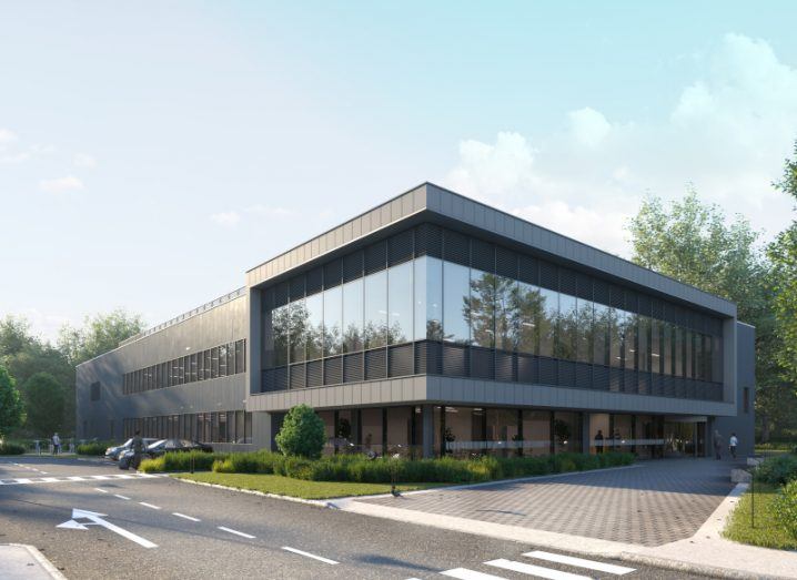 A picture of the planned final construction of the Advanced Manufacturing Centre in Limerick, with a blue sky.