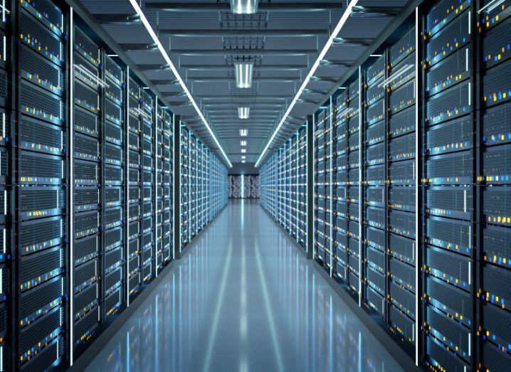 A large, long server room in a data centre.