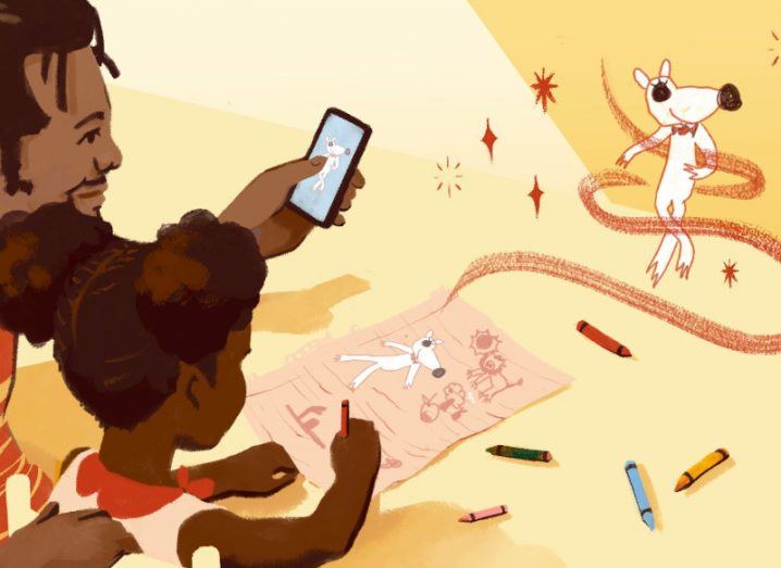 Illustration of a father holding a smartphone and a daughter drawing on a piece of paper. A version of the animal from the child's drawing dances in front of them.