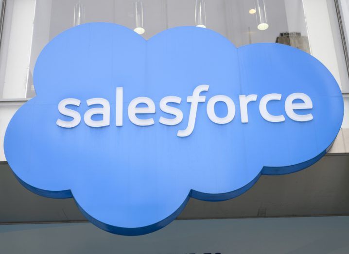 Salesforce logo on a blue cloud outside its building in New York.