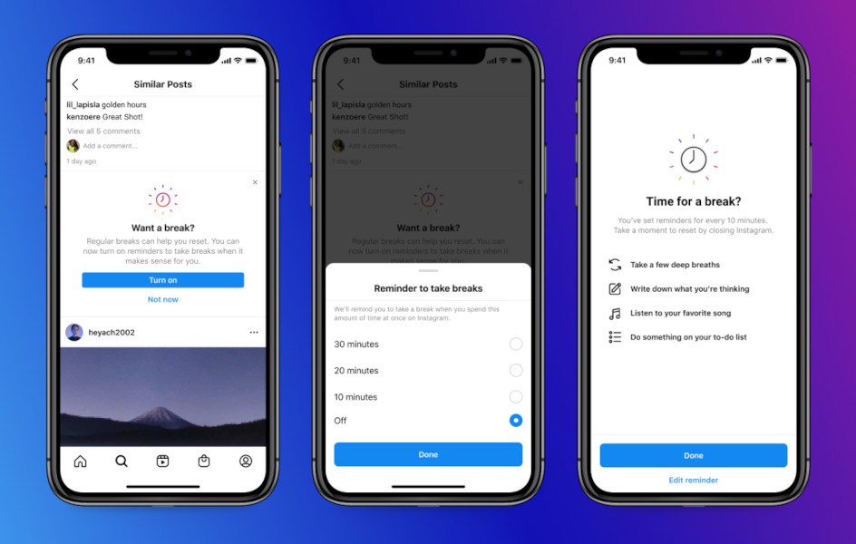 Three phone screens showing Instagram's new in-app Take a Break feature, which includes the ability to set reminders for breaks and tips for how to switch off.