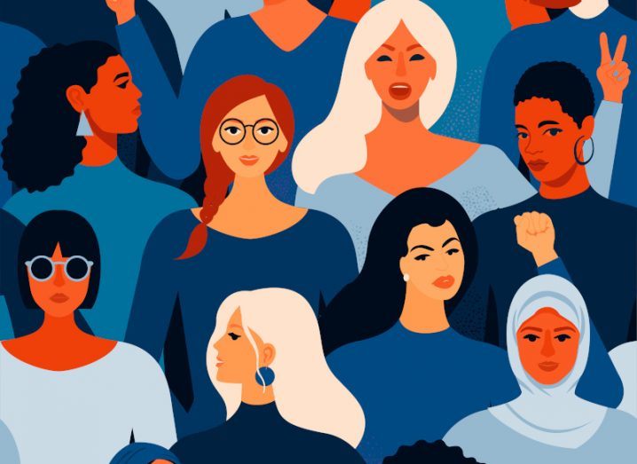 A vector of a large, diverse group of women, all wearing different shades of blue.