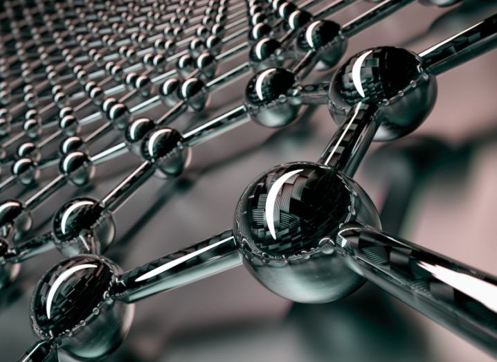 3D rendering of a graphene surface, showing the black atoms and the bonds that connect them.