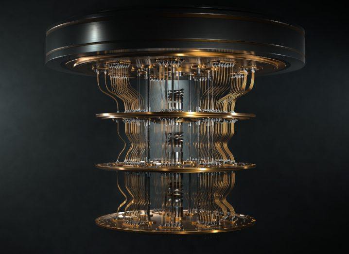 Illustration of a quantum computer, with brown coloured components and a dark background.