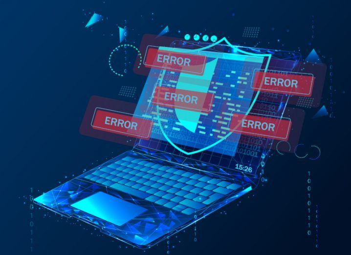 Illustration of a laptop with error images due to a malware attack.