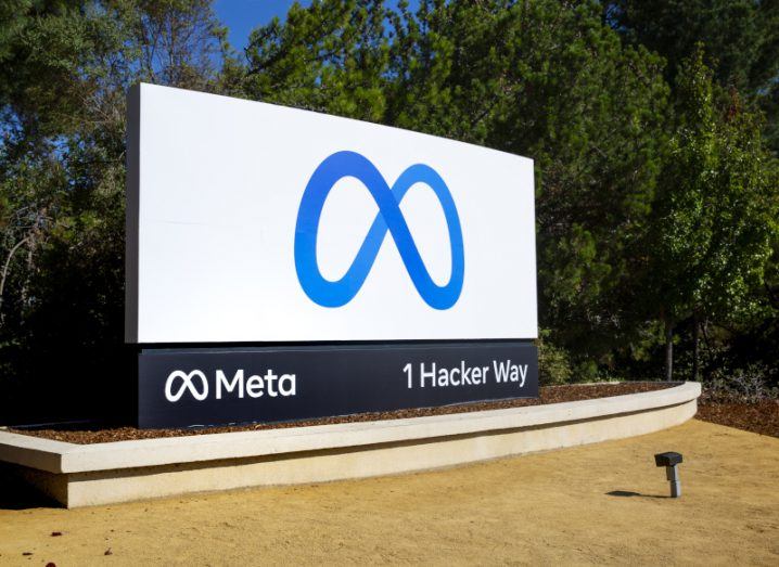 Meta logo on a white background at the company headquarters in California.