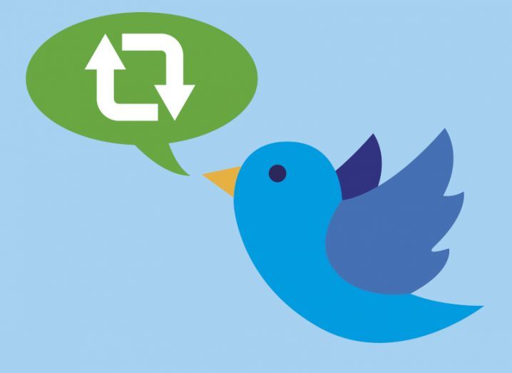 Illustration of Twitter bird with a green voice cloud coming out of its mouth with the retweet symbol on it.