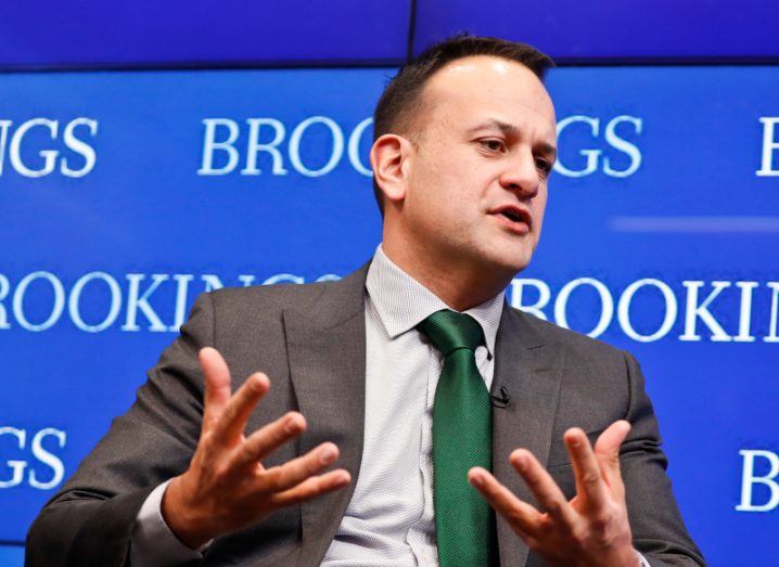Leo Varadkar at a Brookings event in 2018, with the Brookings logo behind him.