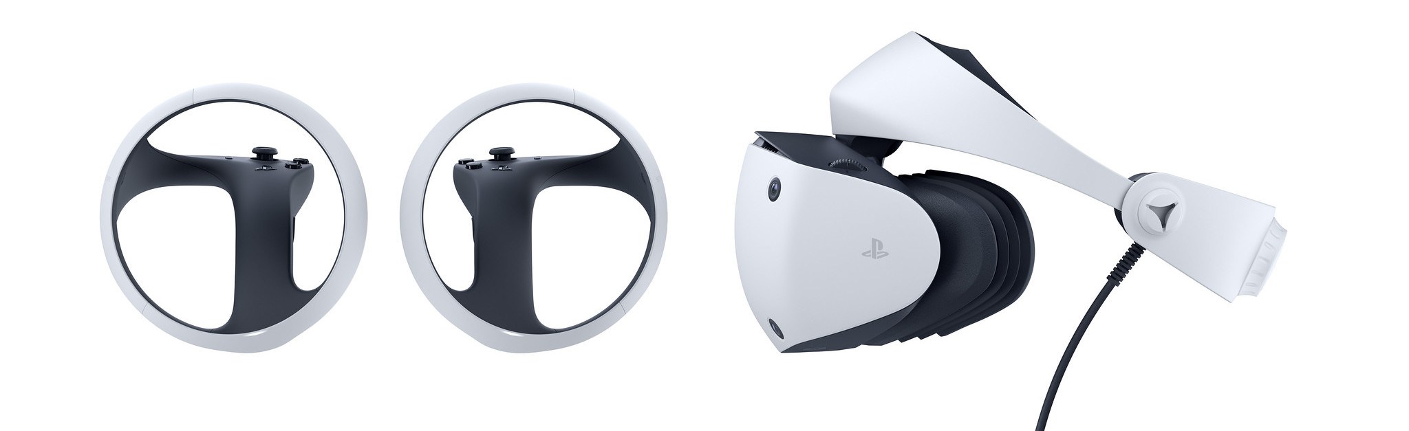 Side-long view of the PlayStation VR2 headset and a top-down view of the Sense controllers.