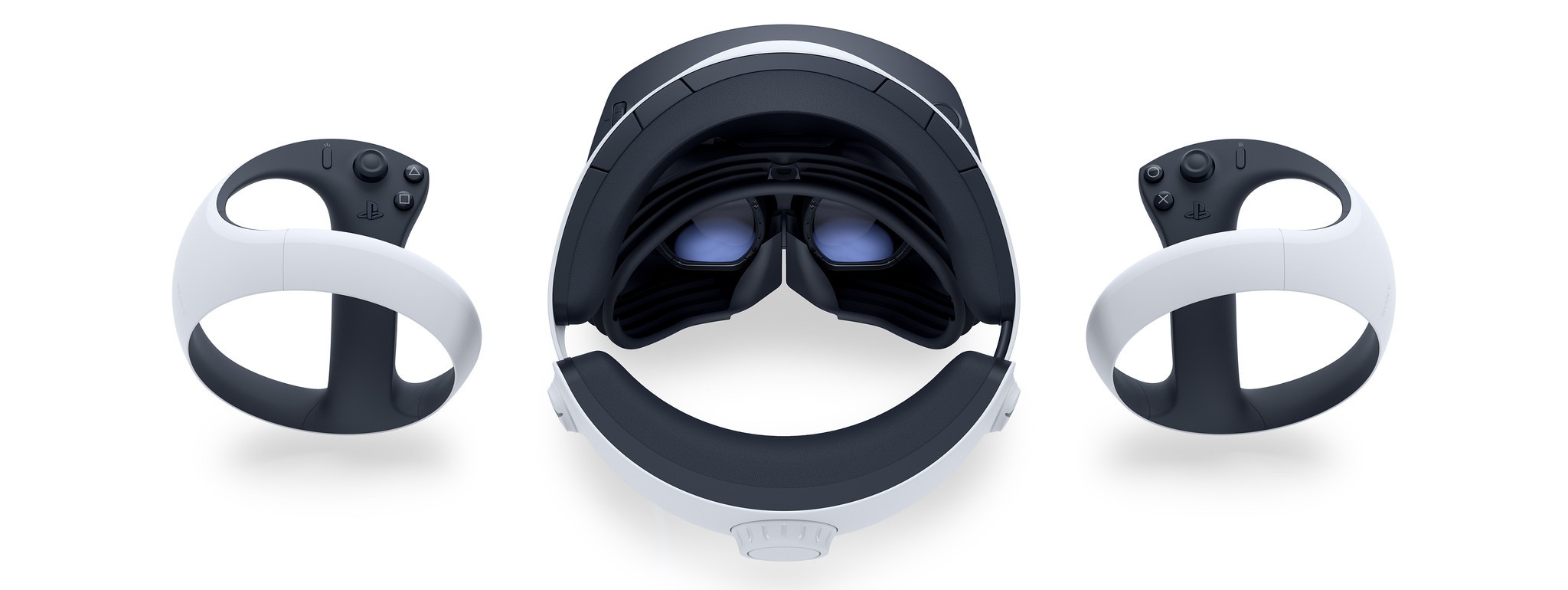 Top-down view of the PlayStation VR2 headset into the VR lenses inside.