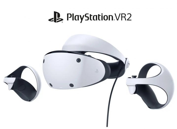 The black and white PlayStation VR2 headset alongside two Sense controllers.