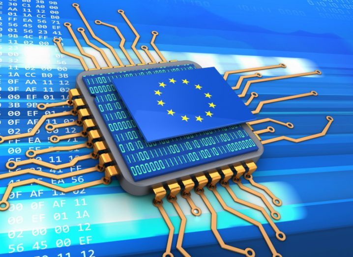 EU flag on top of an illustration of a microchip with a blue background.