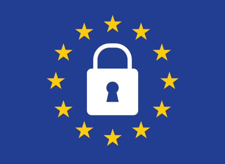 A lock in front of the EU flag representing GDPR law.