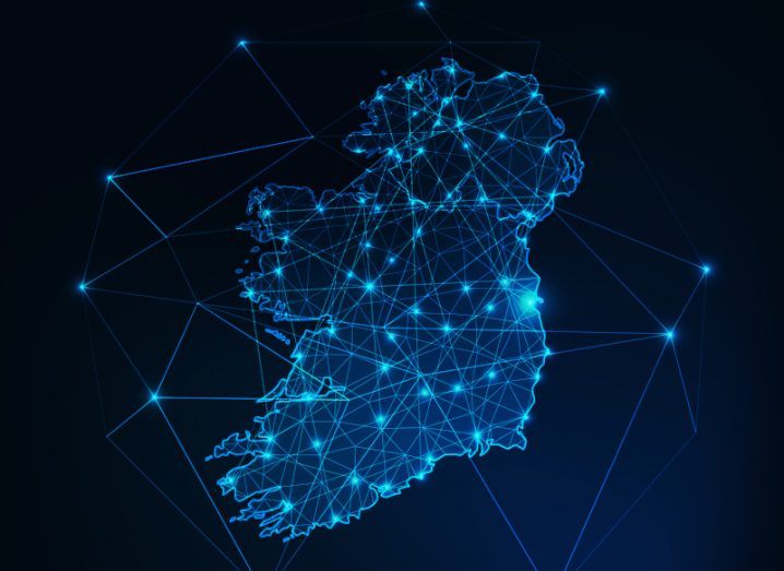Digital image of Ireland with blue lights and a dark background.