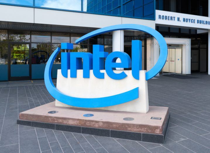 Intel sign and logo displayed outside a building in California.