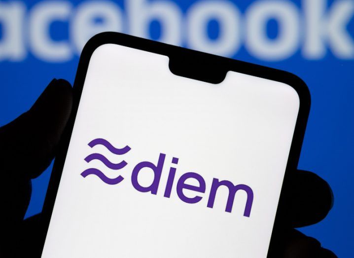 Diem logo on a mobile phone screen with the Facebook logo in the background.