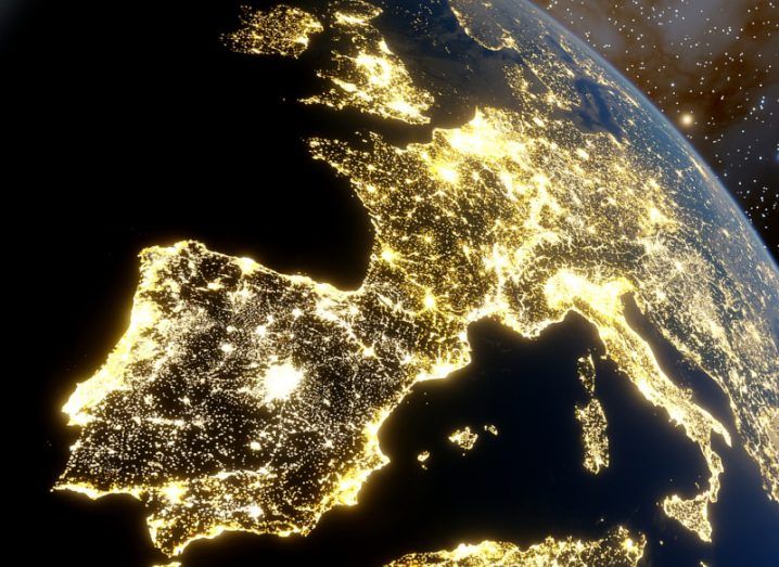 Europe lit up at night from an orbit view.