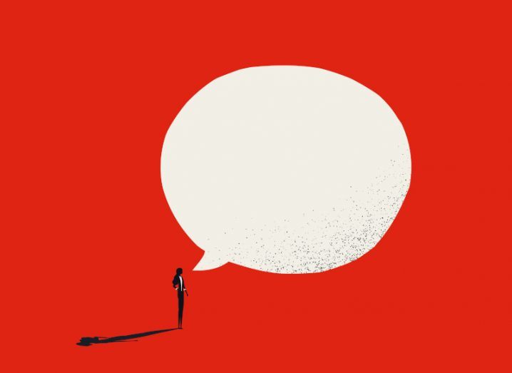 Illustration of a human figure on a red background. A large speech bubble is emerging from their mouth.