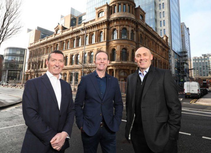 Image of Etain director Martin Goss, Deloitte lead consulting partner in Northern Ireland Danny McConnell, and Etain director Peter Shields. Taken outside a Deloitte office in Belfast.