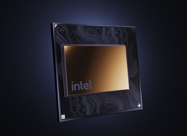 Intel blockchain accelerator chip with the Intel logo on it, with a dark background.