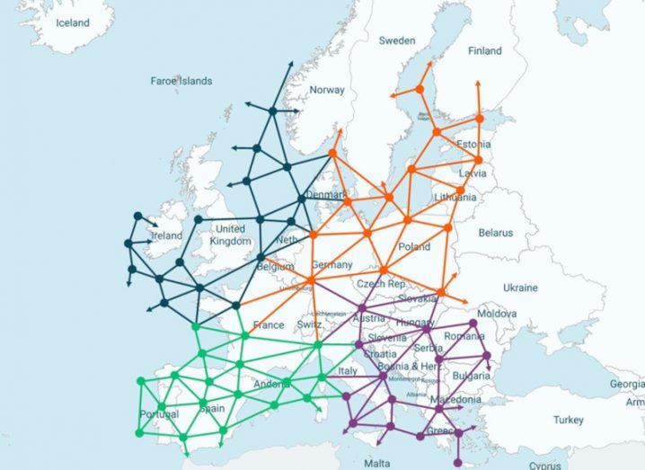 Map of Europe with different coloured lines representing an integrated EU energy grid.