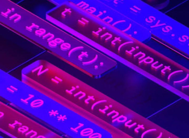 Computer code written on a screen in neon pink and purple lights.