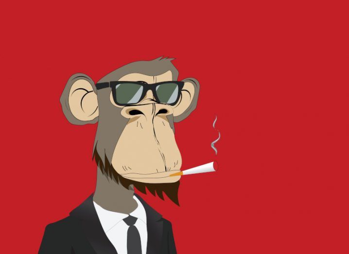 Image of a Bored Ape NFT showing a human-like ape wearing a suit and glasses with a cigarette in its mouth.