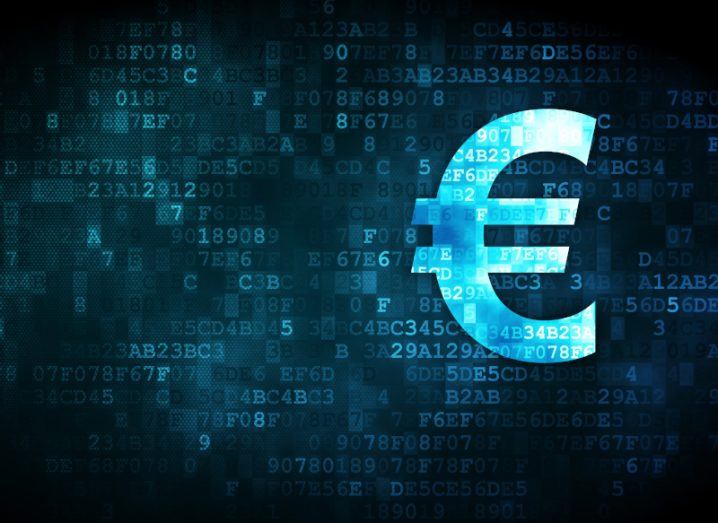 A digital euro symbol in white and blue amid a dark background.