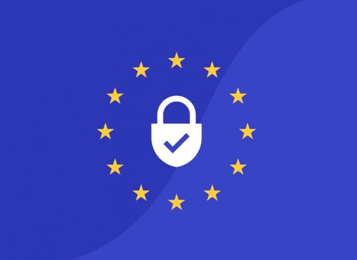 A graphic of a white lock with a tick on it against a blue background. The lock is surrounded by yellow stars to symbolise the EU flag.