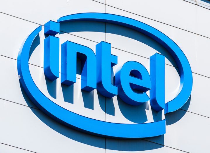 Close-up of Intel logo on a white building.