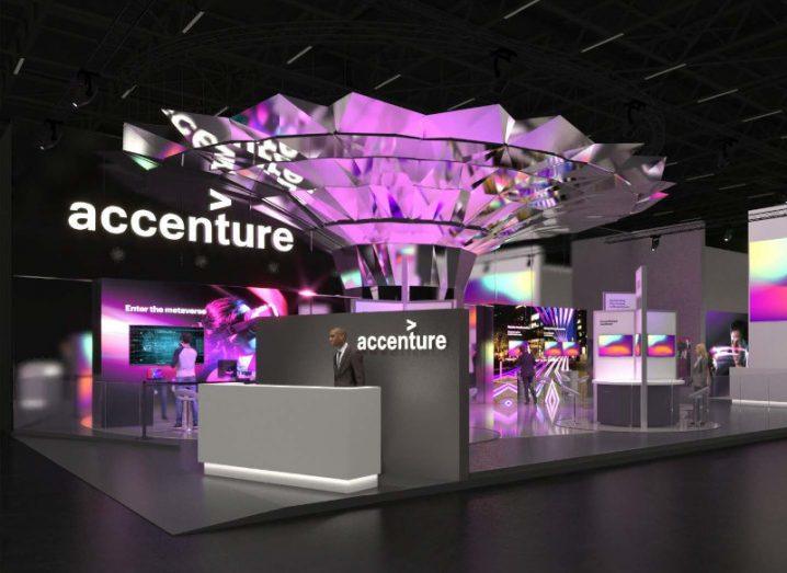 Accenture booth with lighting and staff around it, at the Mobile World Conference in Barcelona.